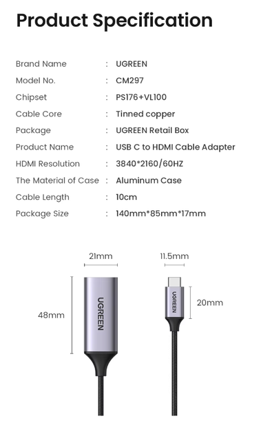 Адаптер Ugreen CM297 перехідник USB Type-C to HDMI 2.0 4K@60Hz (70444) - зображення 10