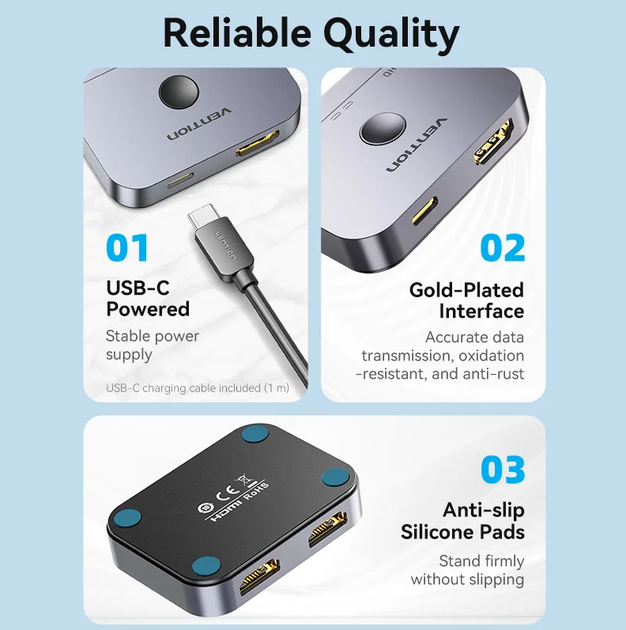 HDMI сплиттер Vention HDMI 2.1 с 60Hz 3D HDCP HDR Dolby 7.1 свич двунаправленный 2 in 1 out Grey (AKPH0) - изображение 7