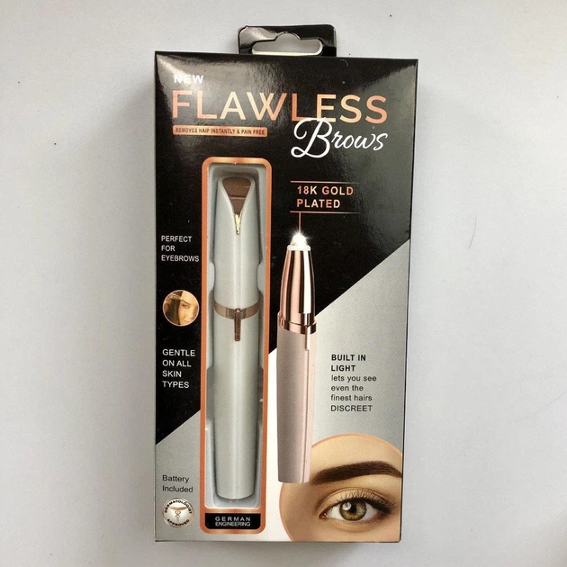 Триммер женский Flawless Brows для бровей и коррекции лица компактный с подсветкой и золотым покрытием работает от батарейки для безопасного удаления пушковых волос без боли и раздражений портативный бьюти аксессуар для ежедневного ухода - изображение 4