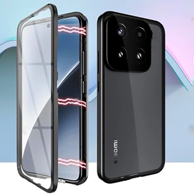 Магнитный чехол Metal Glass 360 для Xiaomi 15 с защитой экрана и камеры black - изображение 2