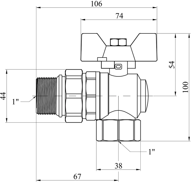Кран-американка шаровой угловой Kroner 1" ВН PN40 "бабочка" никелированный (CV033225) - Фото 3 Кран-американка шаровой угловой Kroner 1" ВН PN40 "бабочка" никелированный (CV033225) - изображение 3