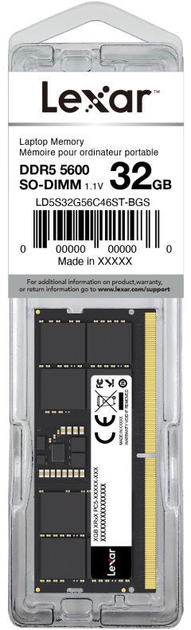 Pamięć RAM Lexar DDR5-5600 32768MB SO-DIMM Black (LD5S32G56C46ST-BGS) - obraz 5