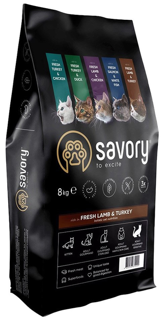 Сухий корм для котів з чутливою травною системою Savory з ягням i індичкою 8 кг (4820232630099) - зображення 1