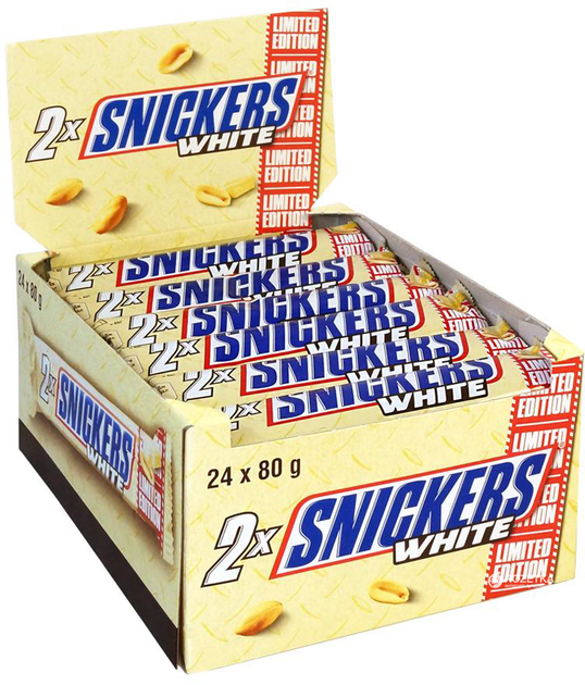Упаковка батончиков Snickers в белом шоколаде 24 шт x 80 г ...