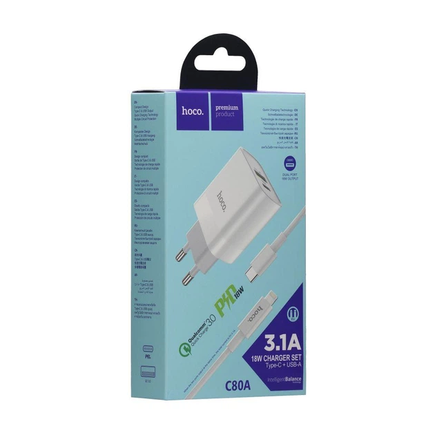 Мережевий зарядний пристрій Hoco C80A PD 20W + QC3.0 Type-C to Lightning - Фото 2 Мережевий зарядний пристрій Hoco C80A PD 20W + QC3.0 Type-C to Lightning - изображение 2