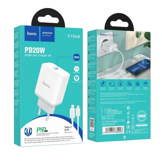 Мережевий зарядний пристрій Hoco C104A Stage single port PD20W Type-C to Lightning - изображение 2