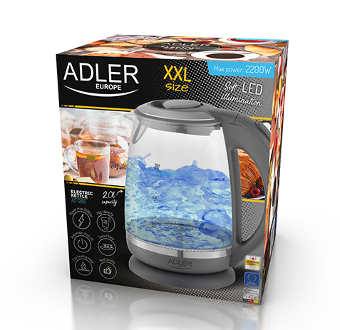 Електрочайник Adler AD 1286 скляний 2 л з LED-підсвіткою - Фото 6 Електрочайник Adler AD 1286 скляний 2 л з LED-підсвіткою - изображение 6