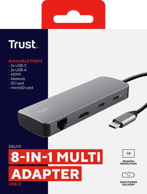 Hub USB Trust Dalyx 8in1 USB-C - USB-A 3.2/USB-A 2.0/2xUSB-C/HDMI/LAN/SD/microSD 0.5 m Gray (TR25672) - obraz 9
