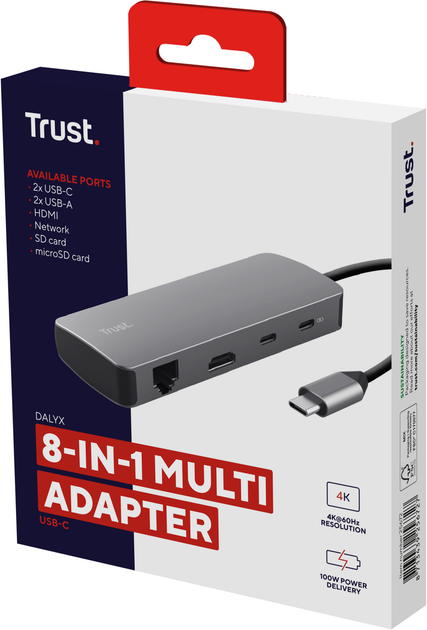 Hub USB Trust Dalyx 8in1 USB-C - USB-A 3.2/USB-A 2.0/2xUSB-C/HDMI/LAN/SD/microSD 0.5 m Gray (TR25672) - obraz 10