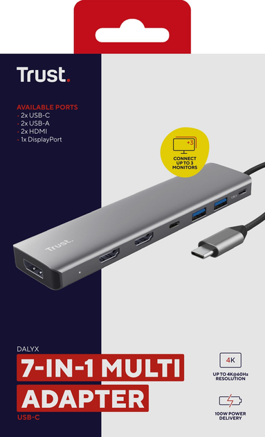 USB-хаб Trust Dalyx 7in1 USB-C - 2xUSB-А 3.2/2xUSB-С/2xHDMI/Display Port 0.16 m Gray (TR25661) - зображення 6