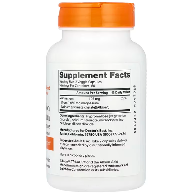 Бісгліцинат магнію для нервової системи Doctor's Best High Absorption Magnesium 105 мг 120 веганських капсул в упаковці (ARE-575188) - зображення 2