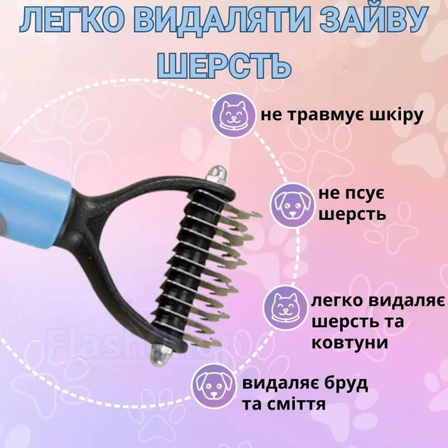 Щетка пуходерка фурминатор для кошек и собак колтунорез для вычесывания шерсти и подшерстка животных (голубой) - изображение 2