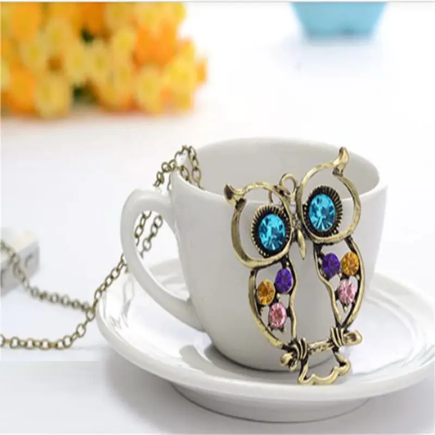 Подвеска кулон сова OWL со стразами длинная цепочка бронзовый цвет - Фото 3 Подвеска кулон сова OWL со стразами длинная цепочка бронзовый цвет - изображение 3