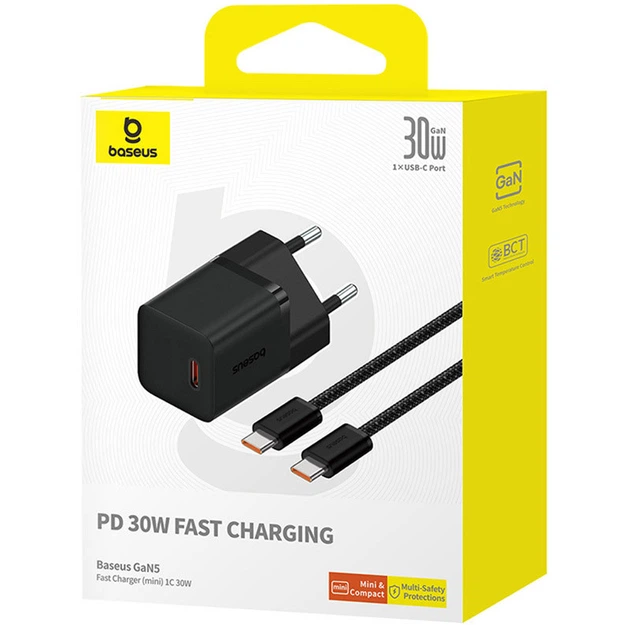 Сетевое зарядное устройство Baseus GaN5 Fast Charger (mini) 30W (1USB-C) + кабель Type-C to Type-C (P10110902) (Cluster Black) (218992) - Фото 6 Сетевое зарядное устройство Baseus GaN5 Fast Charger (mini) 30W (1USB-C) + кабель Type-C to Type-C (P10110902) (Cluster Black) (218992) - изображение 6