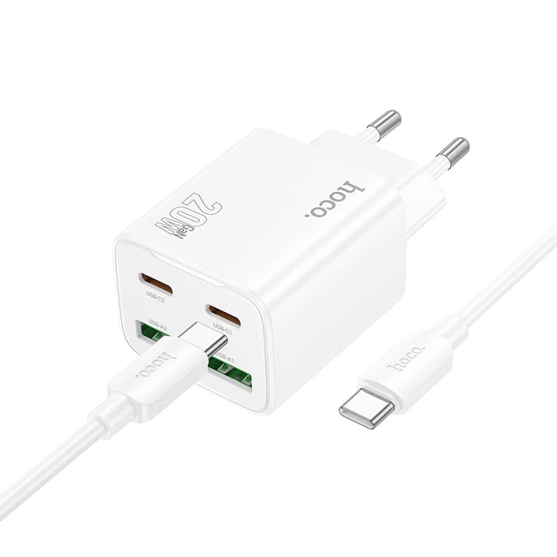 СЗУ Hoco N55 Fundador PD20W+QC3.0 (2USB-A/2C) + кабель Type-C to Type-C White - Фото 2 СЗУ Hoco N55 Fundador PD20W+QC3.0 (2USB-A/2C) + кабель Type-C to Type-C White - изображение 2