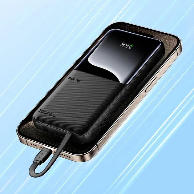 Павербанк Remax RPP-679 10000 mAh 22.5W USB/Type-C із швидкою зарядкою та вбудованими кабелями Type-C/Lightning PD20W+QC22.5W Black - зображення 2