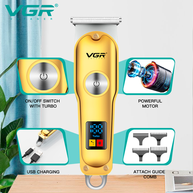 Триммер аккумуляторный для стрижки VGR V-290 GOLD, 3 насадки, LED дисплей - изображение 6