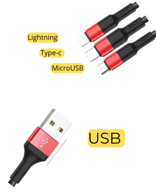 Универсальный кабель Hoco X26 3в1 для зарядки MicroUSB, Lightning, Type-C черный - Фото 4 Универсальный кабель Hoco X26 3в1 для зарядки MicroUSB, Lightning, Type-C черный - изображение 4