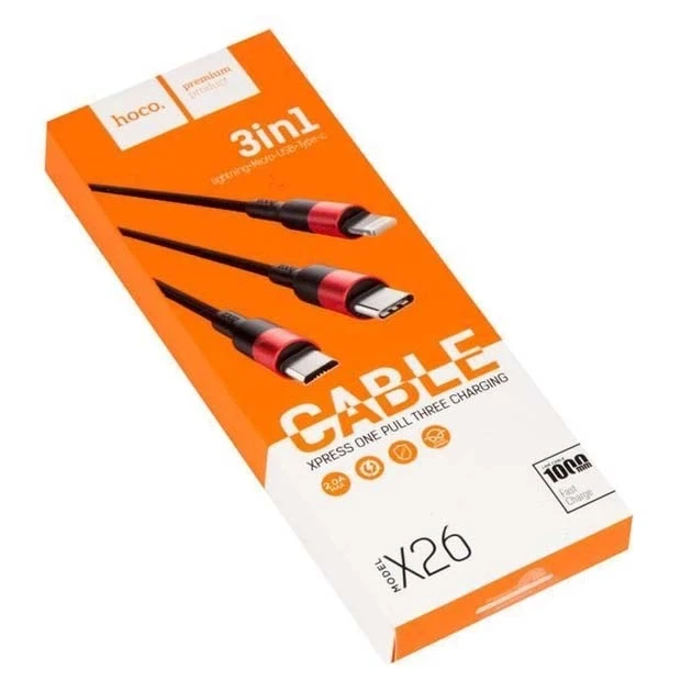 Универсальный кабель Hoco X26 3в1 для зарядки MicroUSB, Lightning, Type-C черный - Фото 5 Универсальный кабель Hoco X26 3в1 для зарядки MicroUSB, Lightning, Type-C черный - изображение 5