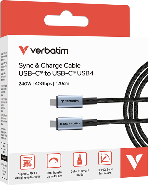 Kabel zasilający i synchronizujący Verbatim 240 W USB-C do USB-C, 120 cm, czarny (23942318477) - obraz 4
