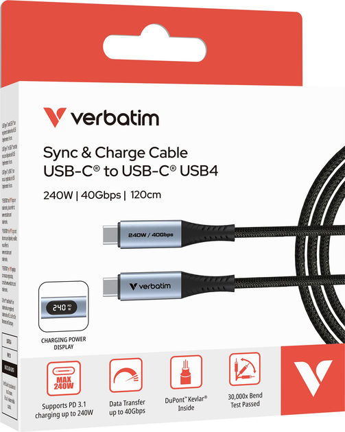 Kabel zasilający i synchronizujący Verbatim z wyświetlaczem 240 W, USB-C do USB-C, 120 cm, czarny (23942318491) - obraz 4