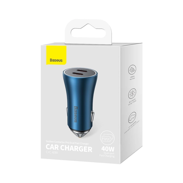 Автомобільний зарядний пристрій Baseus Golden Contactor Pro Dual Fast Charger Car Charger C+C 40W Blue - Фото 2 Автомобільний зарядний пристрій Baseus Golden Contactor Pro Dual Fast Charger Car Charger C+C 40W Blue - зображення 2
