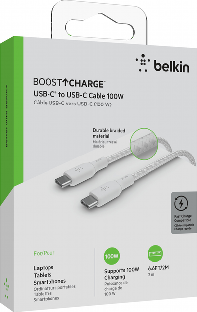 Kabel Belkin Braided USB Type-C – USB Type-C 100W 2 m White (CAB014BT2MWH) - obraz 7