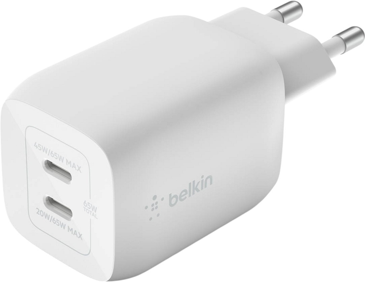 Мережевий зарядний пристрій Belkin 65W PD PPS Dual USB-C GaN with USB-C Cable White (WCH013VF2MWH-B6) - зображення 1