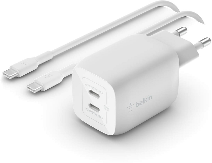 Мережевий зарядний пристрій Belkin 65W PD PPS Dual USB-C GaN with USB-C Cable White (WCH013VF2MWH-B6) - зображення 4