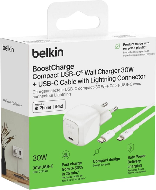 Ładowarka sieciowa Belkin BoostCharge 30W PD USB-C with Apple Lightning Cable White (WCA008KQ1MWH-B5) - obraz 6