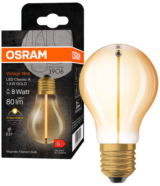 Світлодіодна лампа Osram Filament Vinatge 1906 Magnet A60 1.8W 2700K 80Lm E27 GOLD (4099854049996) - зображення 1
