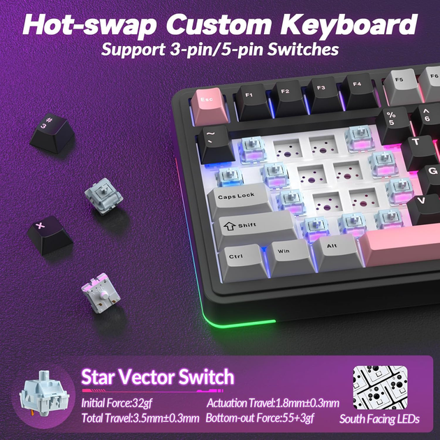 Клавиатура беспроводная AULA S75 PRO LEOBOG Seiya Switch Black Gray Pink - изображение 7
