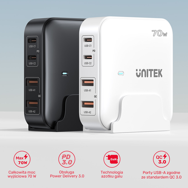Настільний зарядний пристрій Unitek GaN 70W 2xUSB-A 2xUSB-C Black (P1228ABK01-EU) - зображення 4
