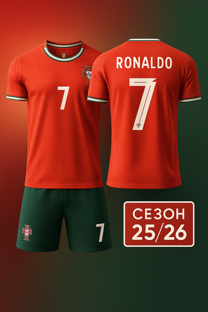 Дитяча футбольна форма C. Ronaldo #7 (Роналдо)зб. Португалії (домашня) 25/26, розмір 28 (зріст 150–155 см), червоно-зелена - Фото 1 Дитяча футбольна форма C. Ronaldo #7 (Роналдо)зб. Португалії (домашня) 25/26, розмір 28 (зріст 150–155 см), червоно-зелена - зображення 1