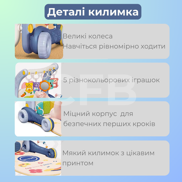 Детский развивающий коврик для мальчика ходунки 2в1 коврик для новорожденных музыкальное пианино, каталка, световой проектор, бизиборд Синий - Фото 5 Детский развивающий коврик для мальчика ходунки 2в1 коврик для новорожденных музыкальное пианино, каталка, световой проектор, бизиборд Синий - изображение 5