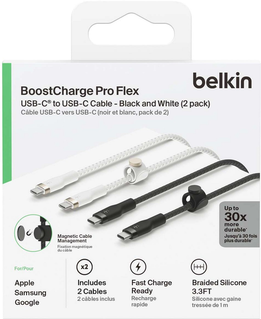 Zestaw kabli Belkin BoostCharge Pro Flex USB Type-C – USB Type-C 60W 1 m Black/White (CAB011BT1MBW2PK) - obraz 6