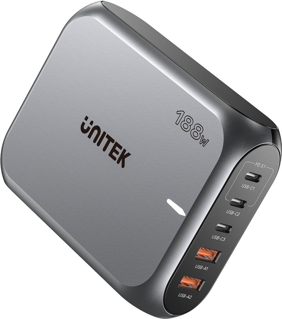 Настільний зарядний пристрій Unitek GaN 188W 2xUSB-A 3xUSB-C Space Grey (P1234AGY01-EU) - зображення 3