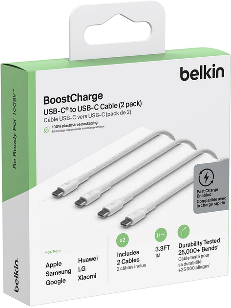 Zestaw kabli Belkin BoostCharge Flex USB Type-C – USB Type-C 60W 1 m White (CAB003BT1MWH2PK) - obraz 7