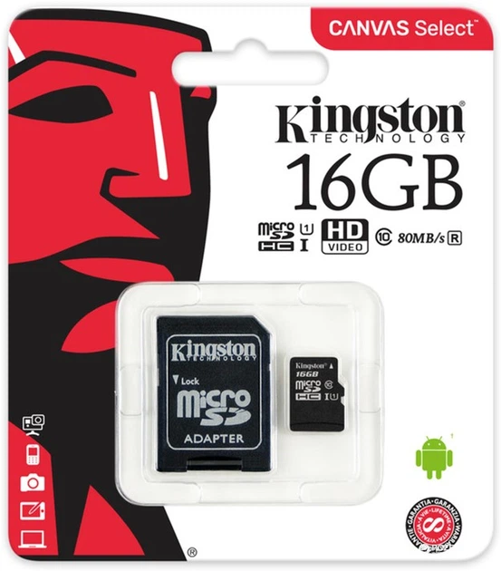 Карта пам'яті Kingston microSDHC 16GB Canvas Select Class 10 UHS-I U1 + SD-адаптер (SDCS/16GB) - Фото 2 Карта пам'яті Kingston microSDHC 16GB Canvas Select Class 10 UHS-I U1 + SD-адаптер (SDCS/16GB) - зображення 2