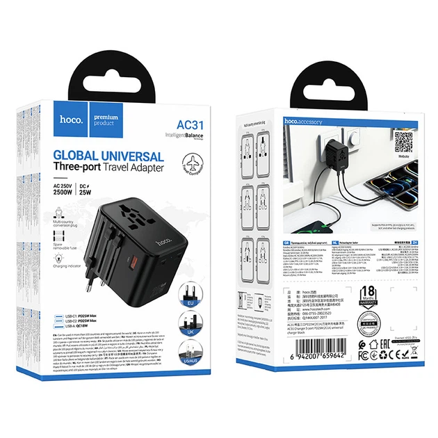 Універсальний зарядний пристрій зі швидкою зарядкою PD25W HOCO AC31 AC + 2Type-C + USB Чорний - зображення 2