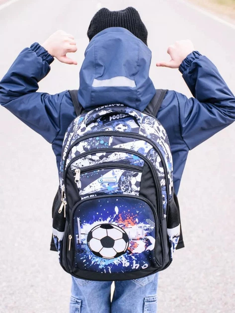 Школьный ортопедический детский рюкзак для мальчиков Football Ball футбол мяч для мальчика в школу 1 – 5 класс лет и первоклассника черный футбольная тематика и Мяч - изображение 6