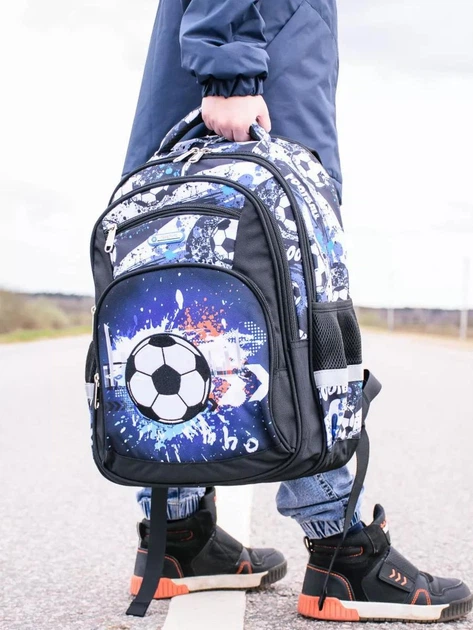 Школьный ортопедический детский рюкзак для мальчиков Football Ball футбол мяч для мальчика в школу 1 – 5 класс лет и первоклассника черный футбольная тематика и Мяч - изображение 7