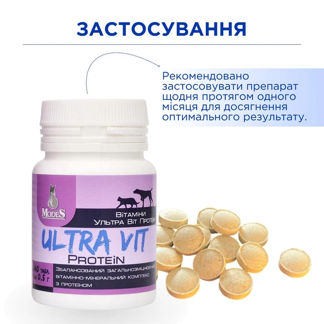 Ультра Віт Біовіт та Таурін (Ultra Vit Biotin + Taurine) вітамінно-мінеральні комплекси для собак та котів 140шт*0,5г, MODES - зображення 2