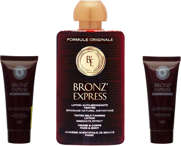 Zestaw kosmetyków pielęgnacyjnych Academie Bronz Express Self-Tanning Lotion samoopalający 100 ml + Lotion Beautifying Moisturizing 40 ml + Żel-peeling do ciała 40 ml (9145386532224) - obraz 1