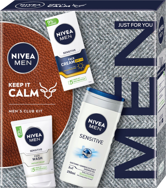 Zestaw kosmetyków pielęgnacyjnych Nivea Men Keep It Calm Żel pod prysznic 250 ml + Krem do twarzy SPF 15 75 ml + Żel do mycia twarzy 100 ml (9005800382586) - obraz 1