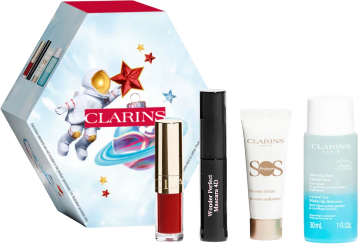 Zestaw Clarins Make-up Essentials Tusz do rzęs 3 ml + Olejek do ust 1.4 ml + Baza pod makijaż 10 ml + Płyn do demakijażu oczu 30 ml (3666057297649) - obraz 2