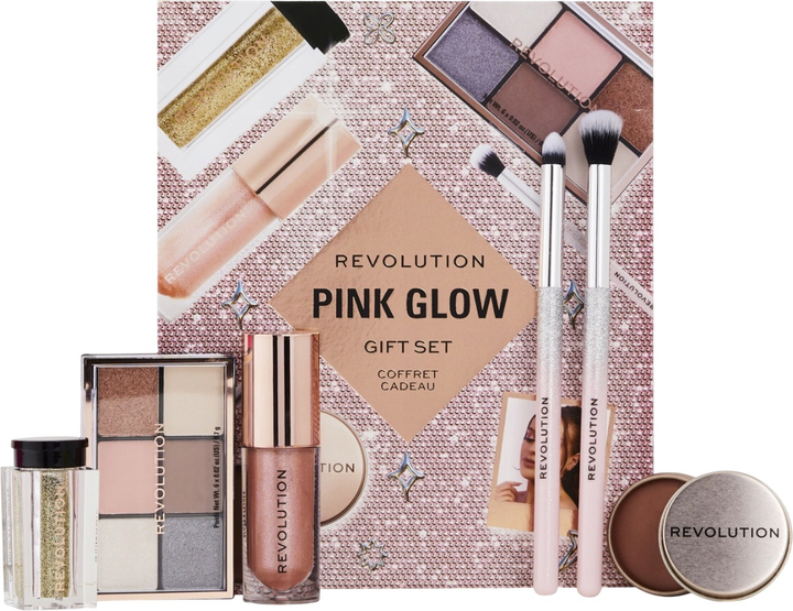 Zestaw Makeup Revolution Pink Glow Paleta cieni do powiek 4.2 g + Błyszczyk do ust 4.5 ml + Brokat do ciała 3 g + Balsam do ust 8.2 g + Pędzelki do makijażu oczu 2 szt (5057566827065) - obraz 2