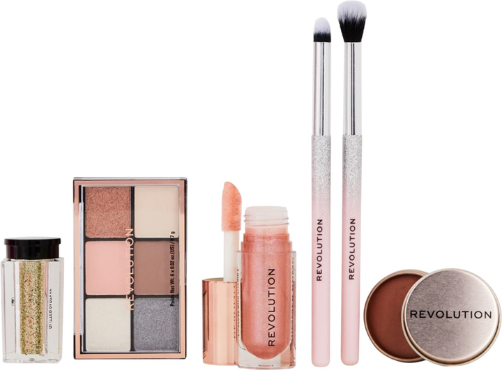 Zestaw Makeup Revolution Pink Glow Paleta cieni do powiek 4.2 g + Błyszczyk do ust 4.5 ml + Brokat do ciała 3 g + Balsam do ust 8.2 g + Pędzelki do makijażu oczu 2 szt (5057566827065) - obraz 3