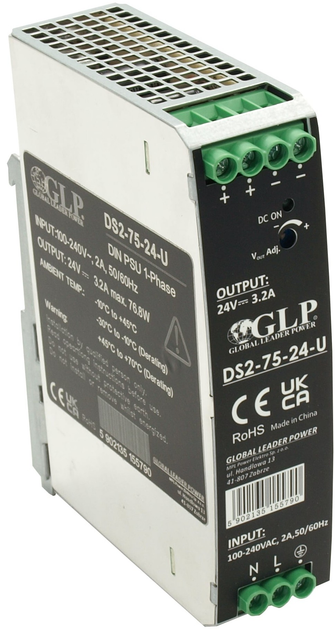 Блок живлення на DIN-рейку GLP IP20, 76.8 Вт, 24 В, 3.2 A (DS2-75-24-U) (5902135155790) - зображення 1