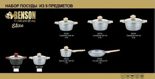 Набор кастрюль Benson BN-338 "Чешуя" 9 предметов – литой алюминий, мраморное покрытие, крышки из стекла, сковорода, ковш, для индукции - Фото 3 Набор кастрюль Benson BN-338 "Чешуя" 9 предметов – литой алюминий, мраморное покрытие, крышки из стекла, сковорода, ковш, для индукции - изображение 3